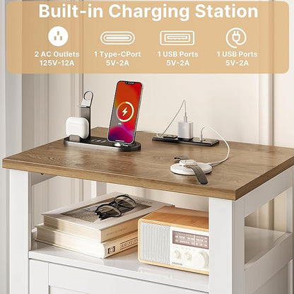 Decofy Farmhouse Nightstand with Charging Station, Modern End Tables with 2 Drawers & Open Shelf, Outlets, USB Ports & Type-C Ports, Wood Rustic Nightstands for Bedroom (2 Pack, Pure White + Walnut)