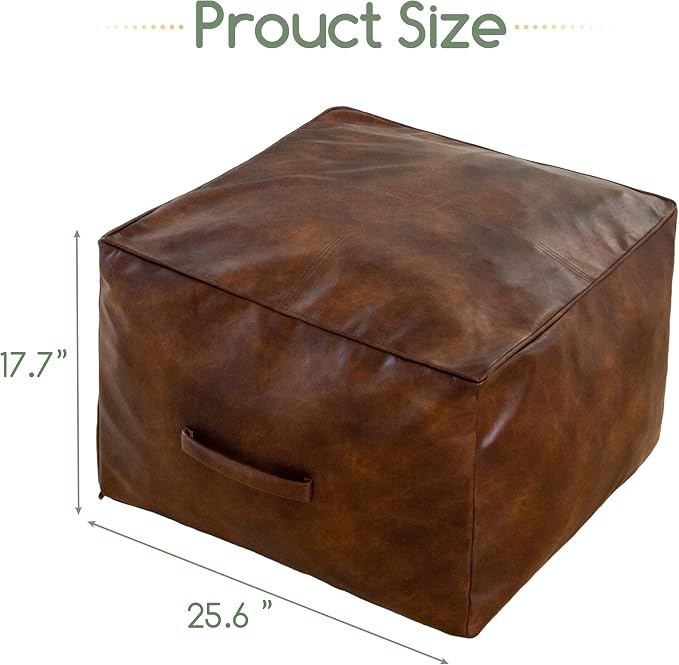 HIGOGOGO Square Stuffed Pouf Ottoman, Pu Leather Poufs with Foam Chunk Filling, Furry and Fluffy Pouf Foot Stool Storage Ottoman,26x18 Inches Floor Poufs Foot Rest for Living Room, Dark Brown