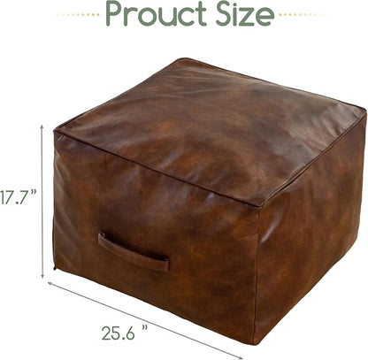HIGOGOGO Square Stuffed Pouf Ottoman, Pu Leather Poufs with Foam Chunk Filling, Furry and Fluffy Pouf Foot Stool Storage Ottoman,26x18 Inches Floor Poufs Foot Rest for Living Room, Dark Brown