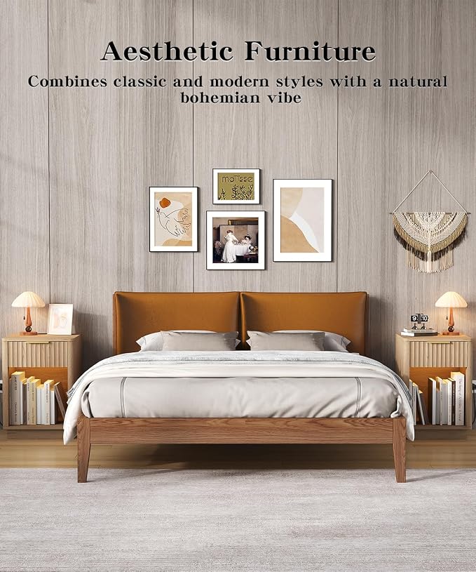 Akxomel Fluted Nightstands Set of 2, Wooden Night Stand with Charging Station and LED Light, Modern Mid Century Bed Side End Table with Drawer, 15" D x 15.7" W x 22.6" H, for Bedroom, Natural Oak