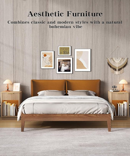 Akxomel Fluted Nightstands Set of 2, Wooden Night Stand with Charging Station and LED Light, Modern Mid Century Bed Side End Table with Drawer, 15" D x 15.7" W x 22.6" H, for Bedroom, Natural Oak