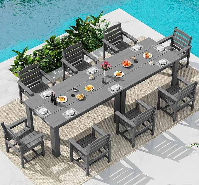 SERWALL 59" HDPE Outdoor Dining Set for 8, w/ 2 Tables & 8 Armchairs, Gray