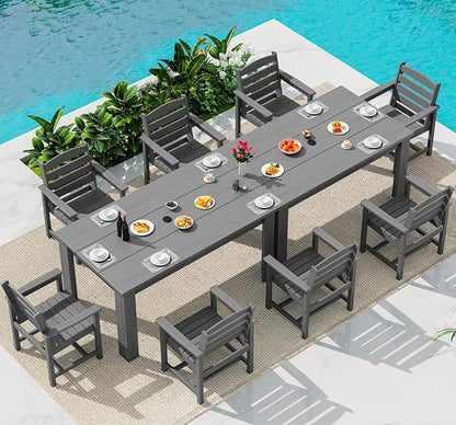 SERWALL 59" HDPE Outdoor Dining Set for 8, w/ 2 Tables & 8 Armchairs, Gray
