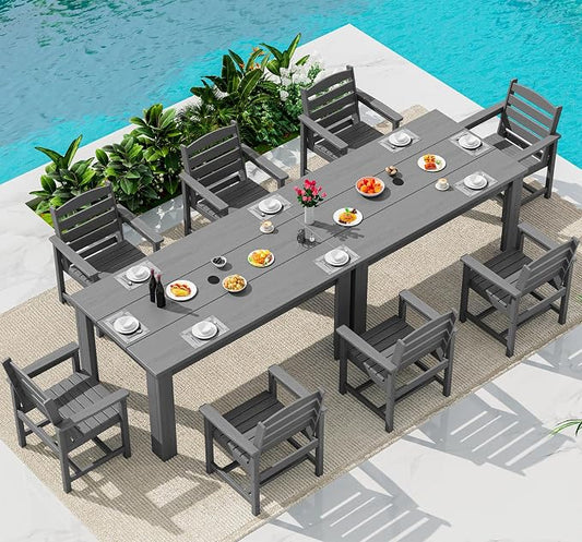 SERWALL 59" HDPE Outdoor Dining Set for 8, w/ 2 Tables & 8 Armchairs, Gray