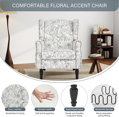High Back Floral Accent Chairs Set of 2, Fabric Wingback Chair Upholstered Armchair for Living Room - Rococo Light Gray