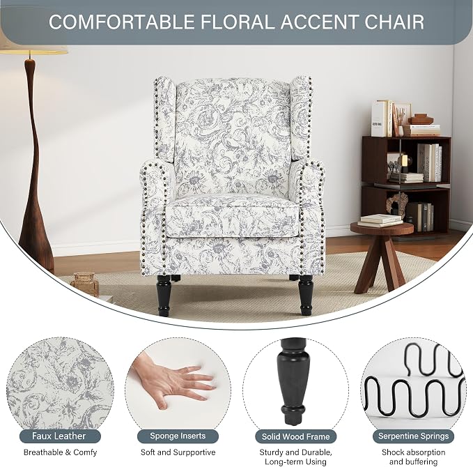 High Back Floral Accent Chair, Fabric Wingback Chair Upholstered Armchair for Living Room - Rococo Light Gray