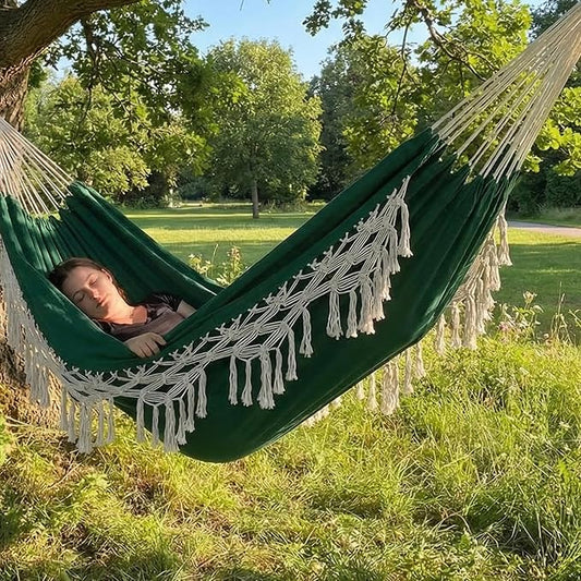 Double Boho Macrame Hammock with Elegant Tassels for Patio, Yard, Beach Wedding Decor, Outdoor and Indoor Up to 450lbs Include Tie Ropes and Drawstring Bag （Green）