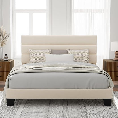 Allewie King Size Platform Bed Frame with Velvet Upholstered Headboard and Wooden Slats Support, Fully Upholstered Mattress Foundation/No Box Spring Needed/Easy Assembly, Cream