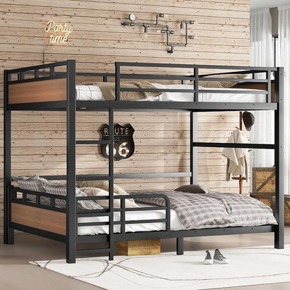 Queen Over Queen Metal Bunk Bed, Heavy Duty Convertible Bunk Bed Frame with Headboard & Full Guardrails, Can Be Split into Two Platform Beds or Loft Bed,Walnut