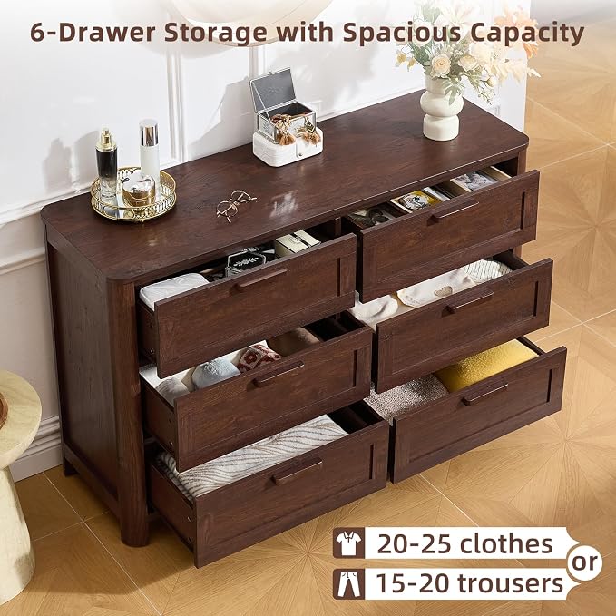 Joaxswe Farmhouse 6 Drawer Dresser for Bedroom, Horizontal Dressers with 6 Deep Drawers & 4 Thickened Table Legs & Round Table Corner, Walnut