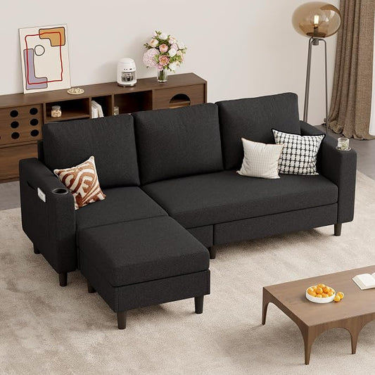 Luxanimarion Upholstered Sectional Sofa and Couches, 78'' L Shaped 3-seat Sofa forLiving Room, Apartment,Lounge,Bedroom-Washable Covers Convertible Sofas(Linen Fabric,Black)