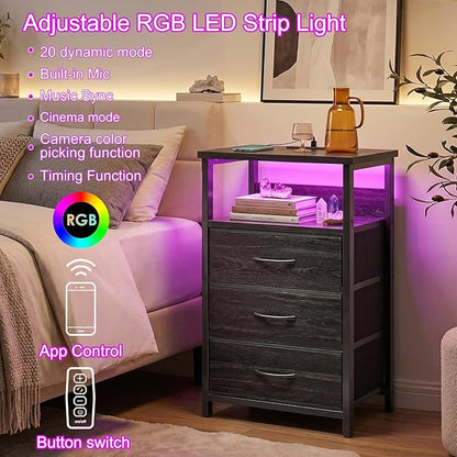 Fixwal Night Stand with Charging Station, LED Nightstand with Fabric Drawers, End Table with PU Finish, Bed Side Table, Black Oak