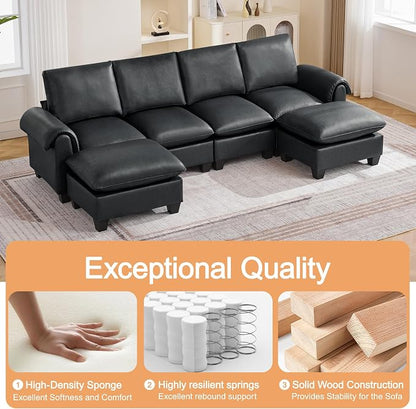 118" Faux Leather Modular Sectional Sofa with 2 Ottoman, Oversized 4 Seater Couch with Curved Armrests, Cloud Modern U-Shaped Sofa Deep Seat for Living Room, Black