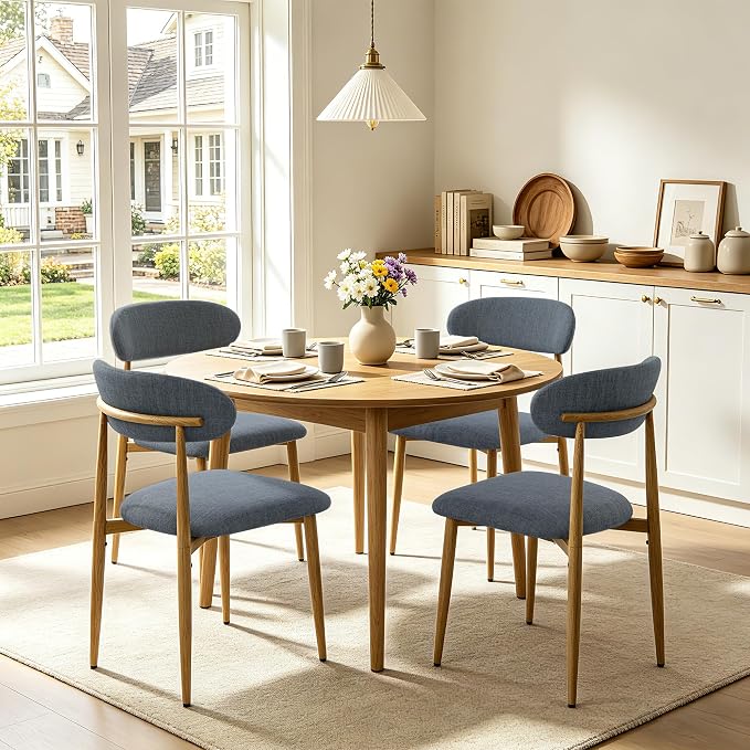 FREKEN Modern Upholstered Dining Chairs Set of 4, Mid-Century Metal Frame with Wood Grain, Linen Fabric Side Chair for Kitchen Dining Room, 350lbs Capacity, Grey