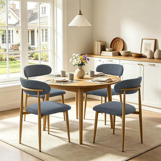 FREKEN Modern Upholstered Dining Chairs Set of 4, Mid-Century Metal Frame with Wood Grain, Linen Fabric Side Chair for Kitchen Dining Room, 350lbs Capacity, Grey