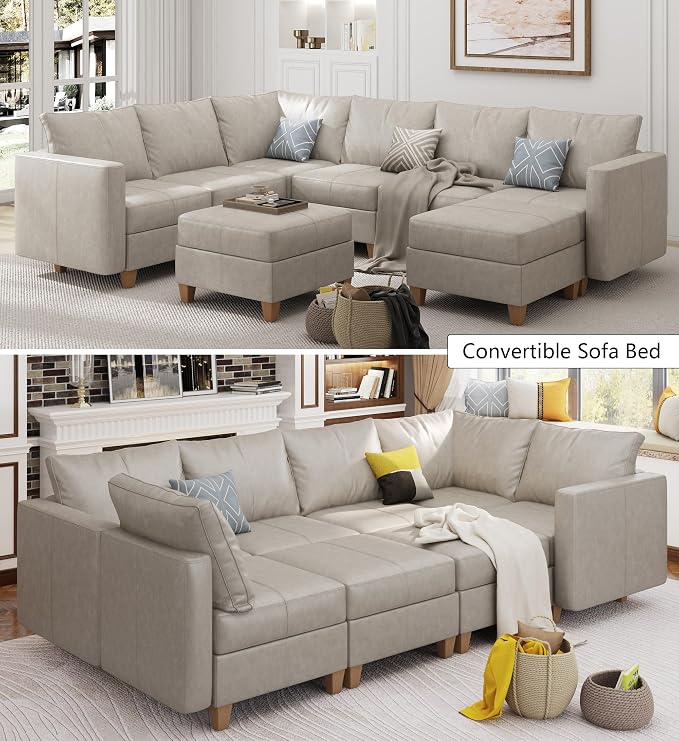 EASE MOOSE Leather Sectional Couch Sofa with Storage,U Shaped Faux Leather Modualr Sectional Modular Sofa,Whitesand