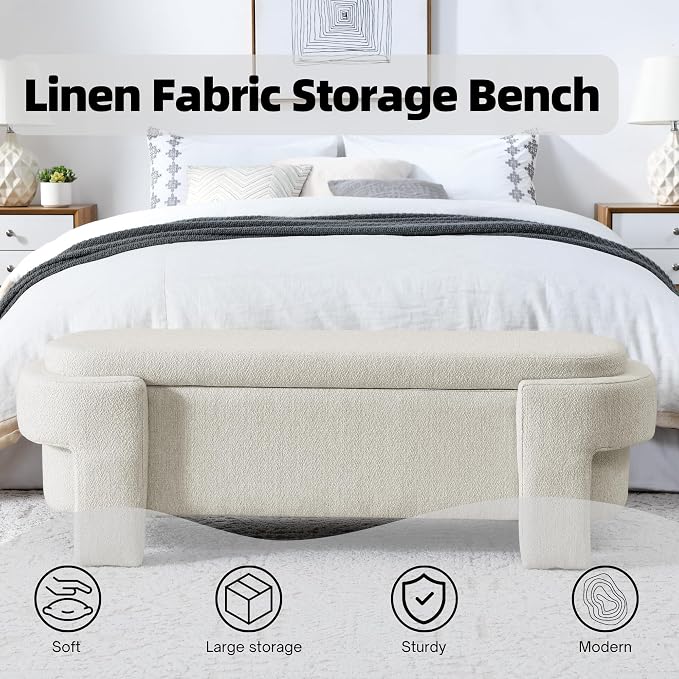 51.5" Oval Storage Bench End of Bed Storage Benches Linen Fabric Upholstered Ottoman Bench with Large Storage Space for Living Room Entryway Bedroom Hallway (Beige, 51.5 inch)