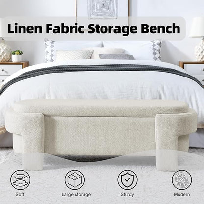 51.5" Oval Storage Bench End of Bed Storage Benches Linen Fabric Upholstered Ottoman Bench with Large Storage Space for Living Room Entryway Bedroom Hallway (Beige, 51.5 inch)