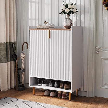 Modern Shoe Storage Cabinet, 7-Tiers White Shoes Cabinet with Fluted Doors, 45 inch Tall Wooden Shoe Organizer with 4 Adjustable Shelves, Storage Cabinet for Entryway, Hallway, Front Door