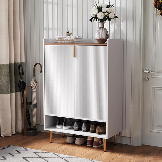 Modern Shoe Storage Cabinet, 7-Tiers White Shoes Cabinet with Fluted Doors, 45 inch Tall Wooden Shoe Organizer with 4 Adjustable Shelves, Storage Cabinet for Entryway, Hallway, Front Door