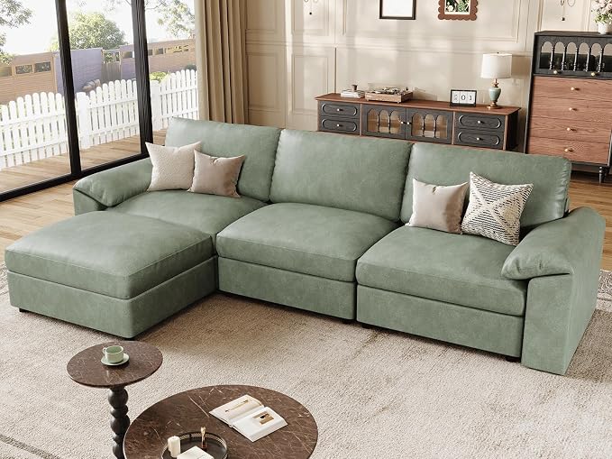 EASE MOOSE Leather Sectional Couch, Oversized Modular Sectional Sofas, Vintage Wide Deep Seat Modular Couch, Scratch Resistant Faux Leather Material, L Shaped Sofa for Big Spaces,Green