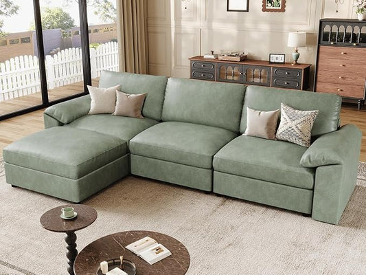 EASE MOOSE Leather Sectional Couch, Oversized Modular Sectional Sofas, Vintage Wide Deep Seat Modular Couch, Scratch Resistant Faux Leather Material, L Shaped Sofa for Big Spaces,Green