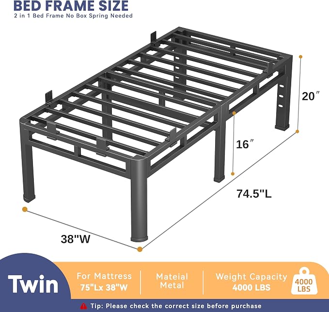 20 Inch Twin Bed Frames, Double Layer Heavy Duty Metal Bed Frames, Platform bedframe with Round Corner Legs, No Box Spring Needed, Headboard Holes, Easy Assembly