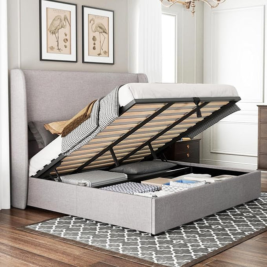Jocisland King Size Upholstered Platform Bed Frame with Hydraulic Lift Storage, Wingback Headboard, Wood Slats Support, No Box Spring Needed, Linen Light Grey
