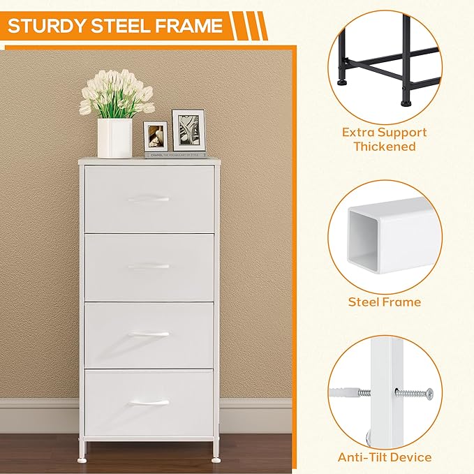 DUMOS Dresser for Bedroom, 4 Storage Drawers Tall Fabric Closet Chests | Organizer Tower Furniture with Wooden Top Metal Frame for Living Room, Hallway, White