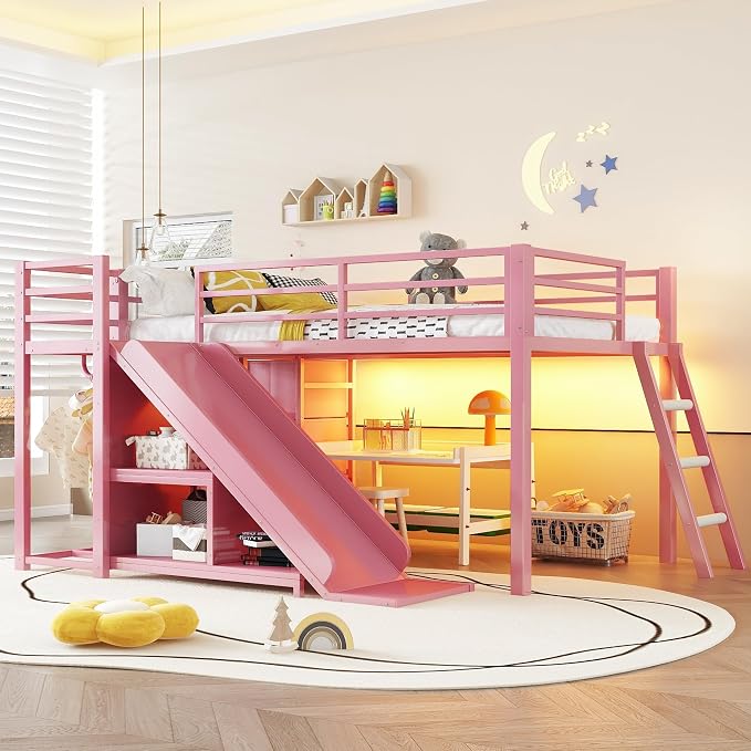 Bellemave Twin Size Low Loft Bed with Slide & 7 Fabric Storage Drawers,Metal Loft Bed Frame with Shelves and LED Lights for Boys Girls,Kids Loft Bed Twin,Pink