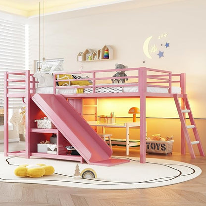 Bellemave Twin Size Low Loft Bed with Slide & 7 Fabric Storage Drawers,Metal Loft Bed Frame with Shelves and LED Lights for Boys Girls,Kids Loft Bed Twin,Pink