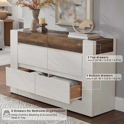 OKD 6 Drawer Dresser for Bedroom, 54" Wide Chest of Drawers with Thick Wood Design, Handleless, Modern Bedroom Dresser, Storage Organizer for Living Room/Entryway/Hallway, Antique White