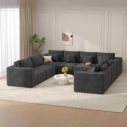 Modern U Shaped Modular Sectional Sofa, Convertible Oversized Cloud Couches for Living Room, Comfy 8 Seater Corduroy Boneless Couch Sofa Set, No Assembly Required, Beige 1 PCS