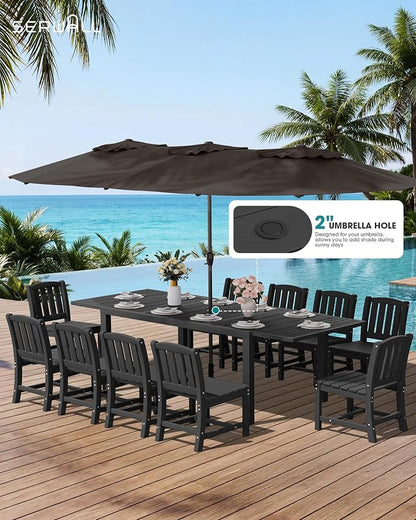 SERWALL Outdoor Patio Dining Set for 8, Black | 60" - 83" Expandable Outdoor Dining Table and 8 HDPE Chairs, All Weather Material Outdoor Furniture Set Backyard, Garden