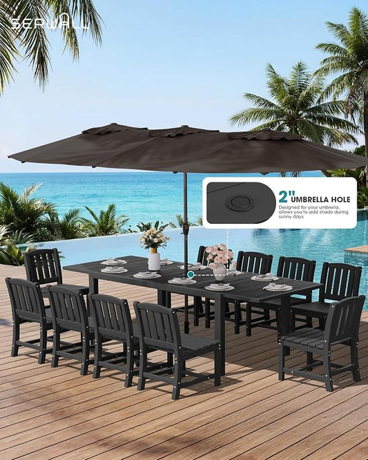SERWALL Outdoor Patio Dining Set for 8, Black | 60" - 83" Expandable Outdoor Dining Table and 8 HDPE Chairs, All Weather Material Outdoor Furniture Set Backyard, Garden