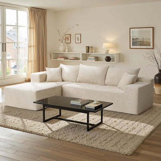 Boneless Couch, 102.4" Sectional Couches for Living Room with L Shape Sofa | Cloud Couch Sectional with Chaise, Modular Cloud Sofa with Deep Seat, No Assembly, Beige, Corduroy, Left Chaise