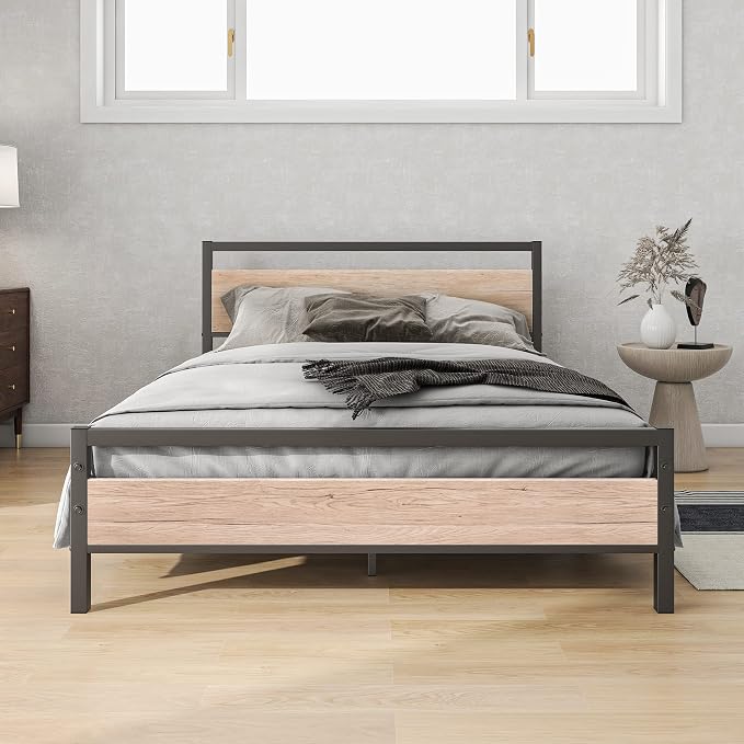 BOFENG Full Size Bed Frame with Wood Headboard,Heavy Duty Platform Bed Frame Full with Storage No Box Spring Needed,Reinforced Steel Slats Support,Mattress Foundation,Oak Color