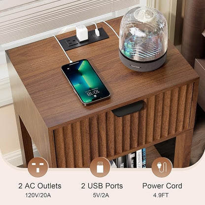 Nasonet Night Stand Set 2, Fluted Nightstand with Charging Station, Wood Bedside Table with Drawer & Storage Shelf, Modern End Tables for Bedroom Sofa Couch Office, Walnut