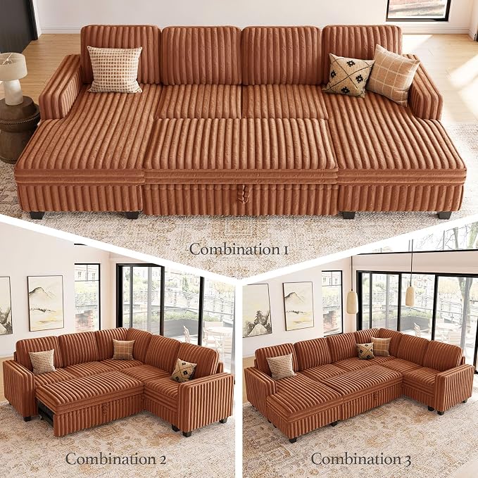 Belffin Oversized Sofa Bed Modular Sectional Sleeper Sofa with Pull Out Bed L Shaped Couch with Storage Chaise Brick Red Couch