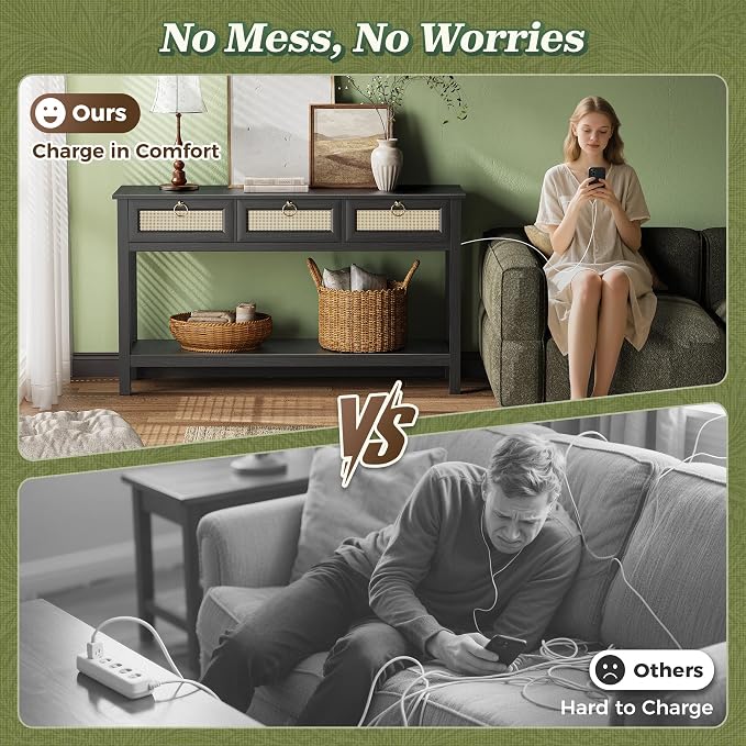 SUPERJARE Rattan Console Sofa Table with Outlets and USB-C Port, 3 Drawer Entryway Table with Synthetic Rattan Surface, Open Shelf, Behind Couch Entry Foyer Hallway Storage, Black