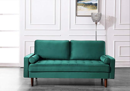 Container Furniture Direct Womble Mid Century Modern Velvet Upholstered Tufted Seat with Bolster Pillows, Sofa, Green