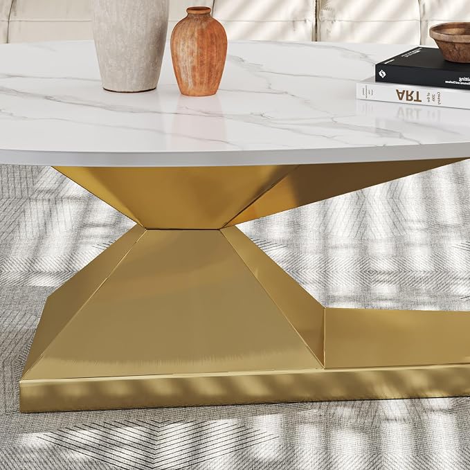 51.2-Inch Modern Oval Marble Coffee Table with Sturdy Gold Stainless Steel Base - Elevate Your Living Room with Style & Luxury, Scratch-Resistant & Easy Assembly.