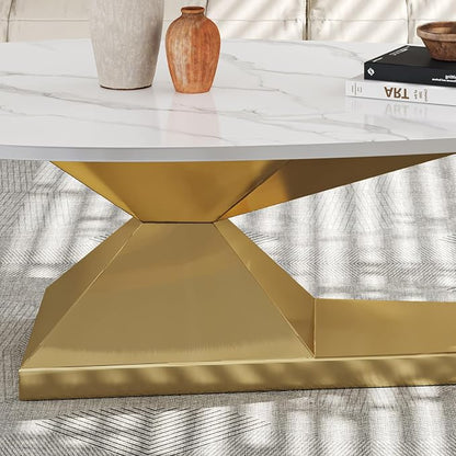 51.2-Inch Modern Oval Marble Coffee Table with Sturdy Gold Stainless Steel Base - Elevate Your Living Room with Style & Luxury, Scratch-Resistant & Easy Assembly.
