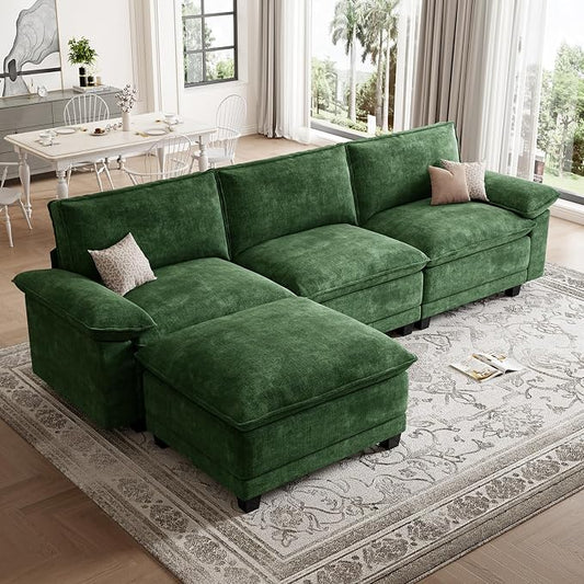 Modern L Shaped Sofa Couches for Living Room, Modular Sectional Cloud Couch with Movable Ottoman, Comfy Chenille Sofa for Apartment and Small Space, Green