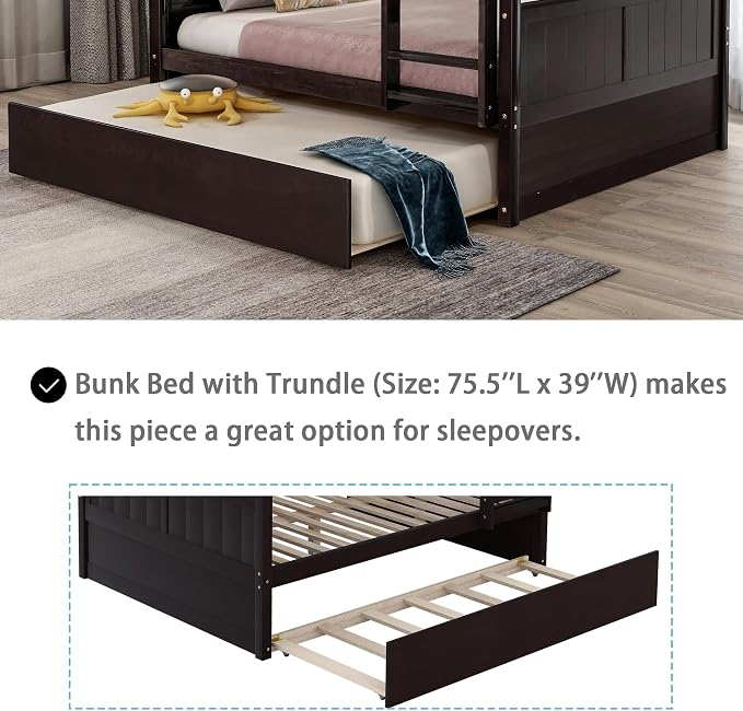Merax Trundle Bunk Bed, Full Over Full Wood Bunk Bed with Twin Size Trundle, Guardrail and Ladder, Can be Separated into 2 Beds, Espresso