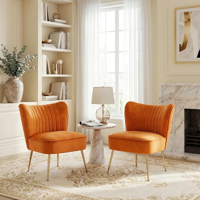 DUOMAY Modern Accent Chair Set of 2 Velvet Slipper Chair with Gold Legs Wingback Side Chair for Living Room Bedroom Entryway Small Corner Chair for Space Saving, Orange