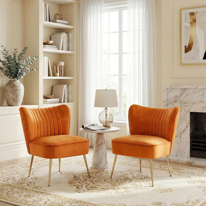 DUOMAY Modern Accent Chair Set of 2 Velvet Slipper Chair with Gold Legs Wingback Side Chair for Living Room Bedroom Entryway Small Corner Chair for Space Saving, Orange