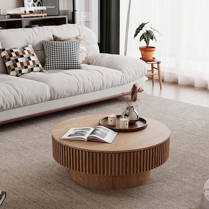 Round Coffee Table with Storage, Modern Wooden Coffee Table with Solid Wood Veneered, Circle Center Table Accent Tea Table for Living Room Apartment Small Space (31.5''L × 31.5''W × 14''H, Natural)