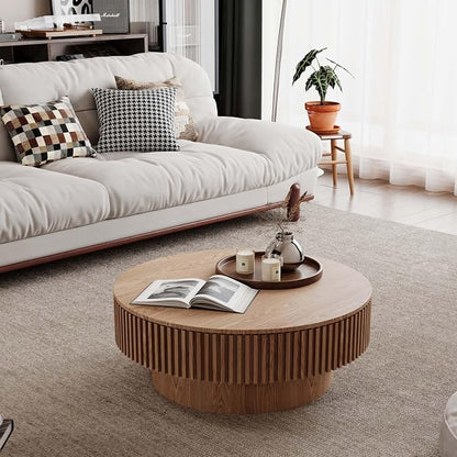 Round Coffee Table with Storage, Modern Wooden Coffee Table with Solid Wood Veneered, Circle Center Table Accent Tea Table for Living Room Apartment Small Space (31.5''L × 31.5''W × 14''H, Natural)