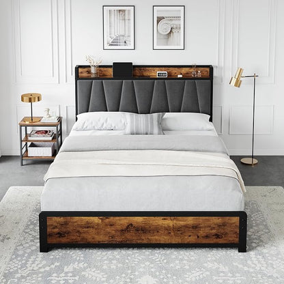 GAOMON Queen Size Bed Frame with Storage Linen Upholstered Headboard, 4 Drawers Platform Bed Frame with Charging Station, No Box Spring Needed, Easy Assembly, Vintage Brown